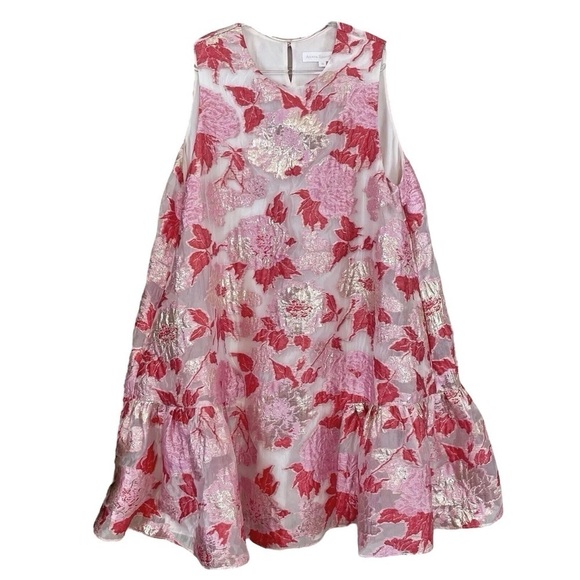 Ariana Rockefeller Metallic Floral Ruffle Hem Mini Dress Pink Red Gold Size 12 - Picture 1 of 7